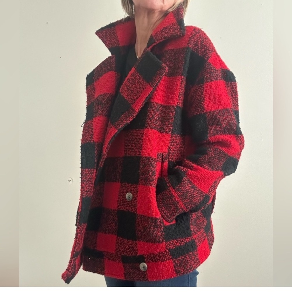 William Rast LARGE Red Black Wool Coat Buffalo Check Preppy Winter  Timberlake